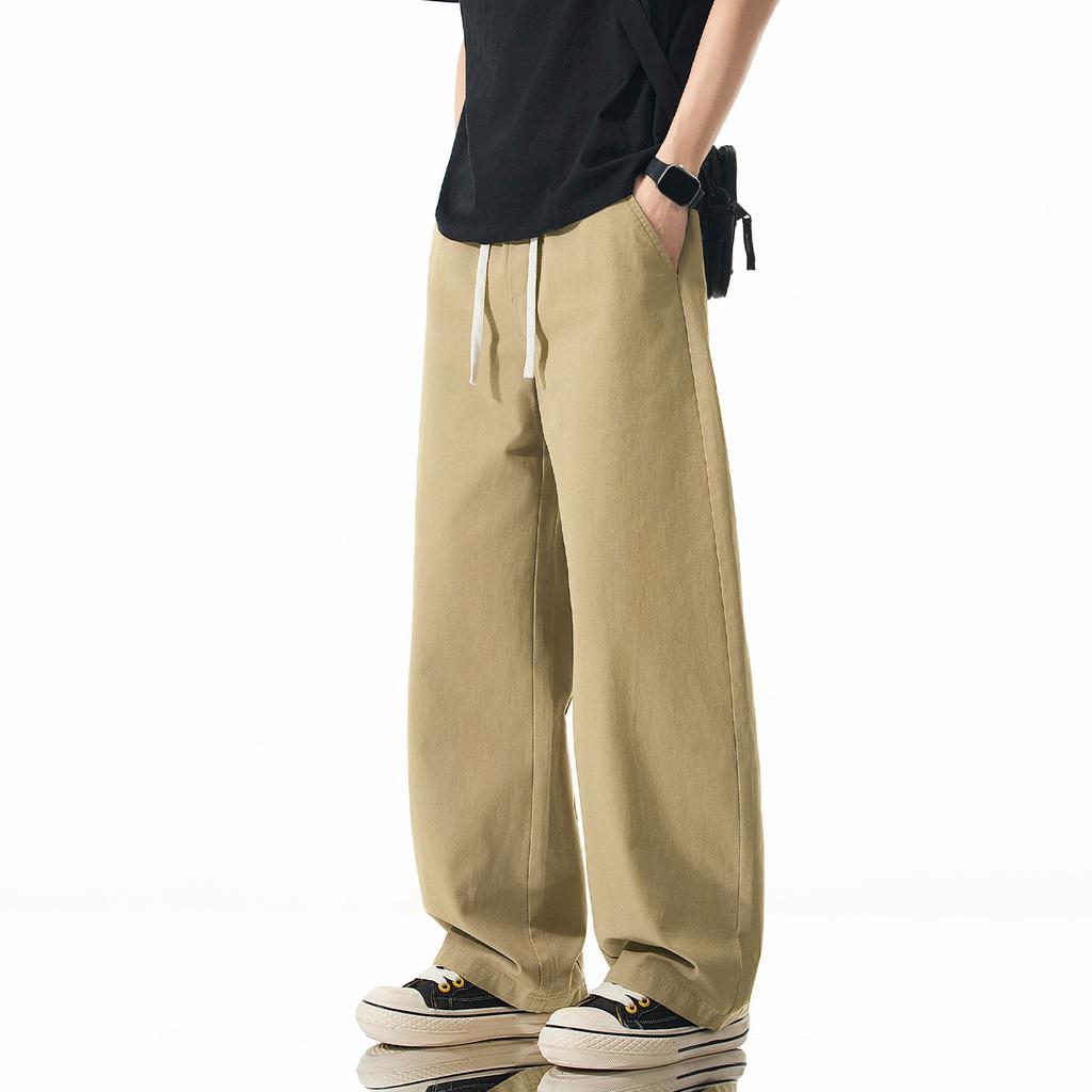 Solid Color Simple and Versatile Loose Straight Elastic Waist Long Pants Men's Trendy Wide Leg Drape Small Scimitar Casual Pants