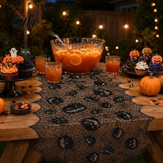 Halloween Table Decor Runner, 70 X 15 Inch Black Lace Spider Web Runner Spooky Gothic Pumpkin Dinner Decoration for Kitchen Decor, Party Supplies Dark