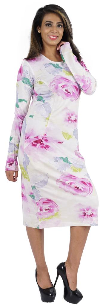 Bimba Printed Long Bodycon Dress With Pockets For Women Full Sleeves Dress Midi
