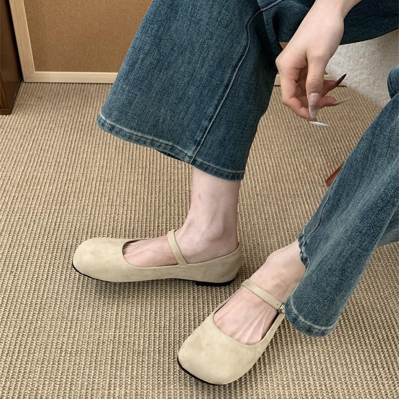 2025 Spring and Summer New Fairy Ballet Shoes Square Head Shallow Mouth Late Evening Wind One-word Buckle Mary Jane Shoes Suede Ladyshoes