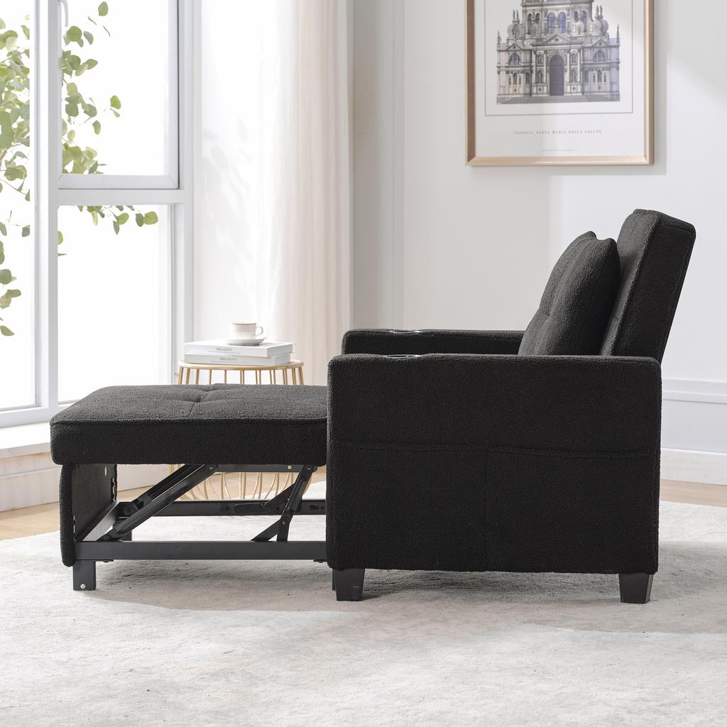 3-in-1 Extendable Single Sleeper Sofa – With Cup Holders and USB Port, Sofa Lounge Chair, Sleeper Chair, Armchair, Perfect for Small Rooms