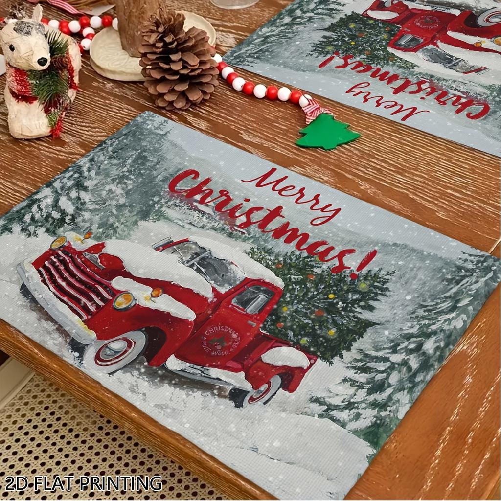 4pcs/6pcs Vintage Red Truck Christmas Table Mats Suitable for Dining, Placemats with Red Truck for Xmas Decor, Hand Washable Rectangular Holiday Weddi