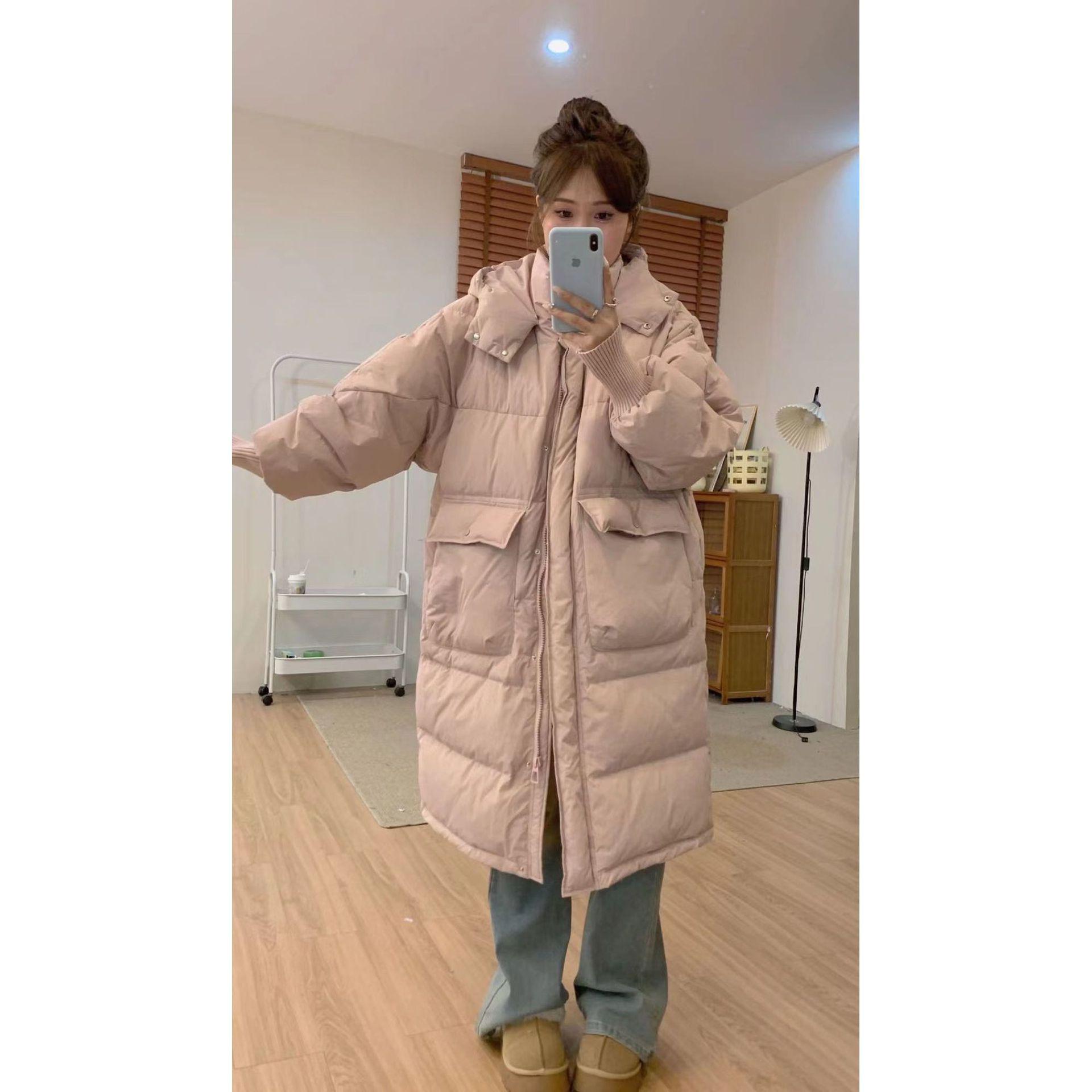 

Женский пуховик средней длины с капюшоном 2023 - Корейский стиль, Толстый, Свободного кроя, Зимнее пальто для миниатюрных M 60-80kg