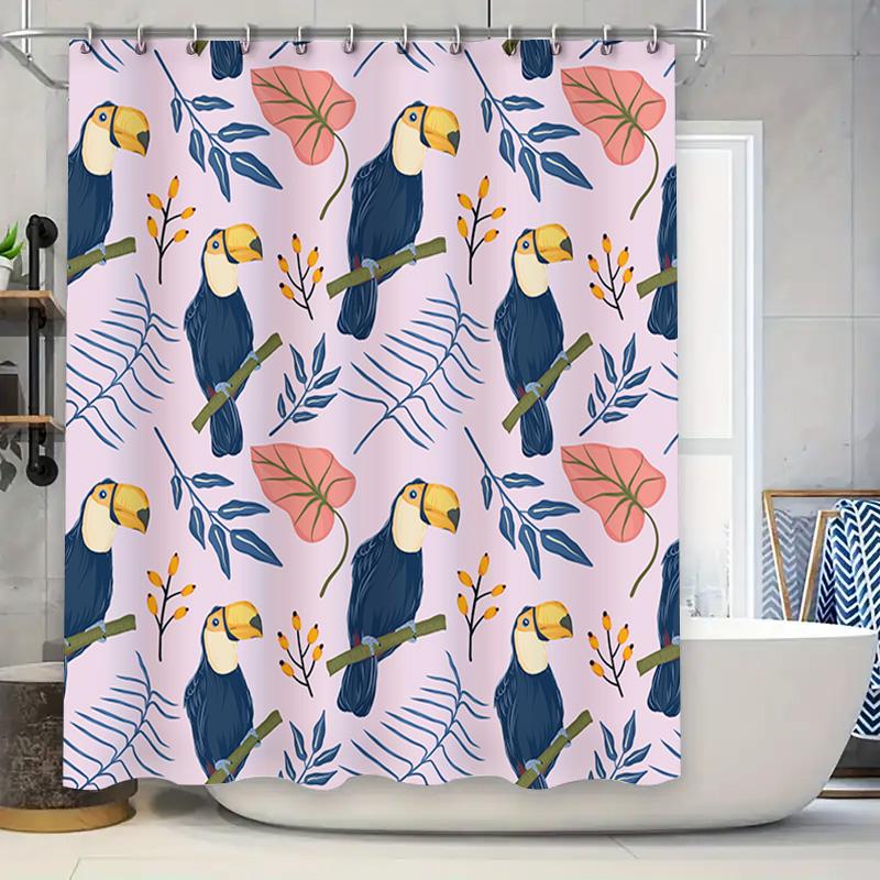

Colorful Toucan Printed Shower Curtain For Bathroom Decor Blue Yellow Birds Leaves Pattern In Lavender Pink Fabric With Rings W60H190(CM)-1 Pcs