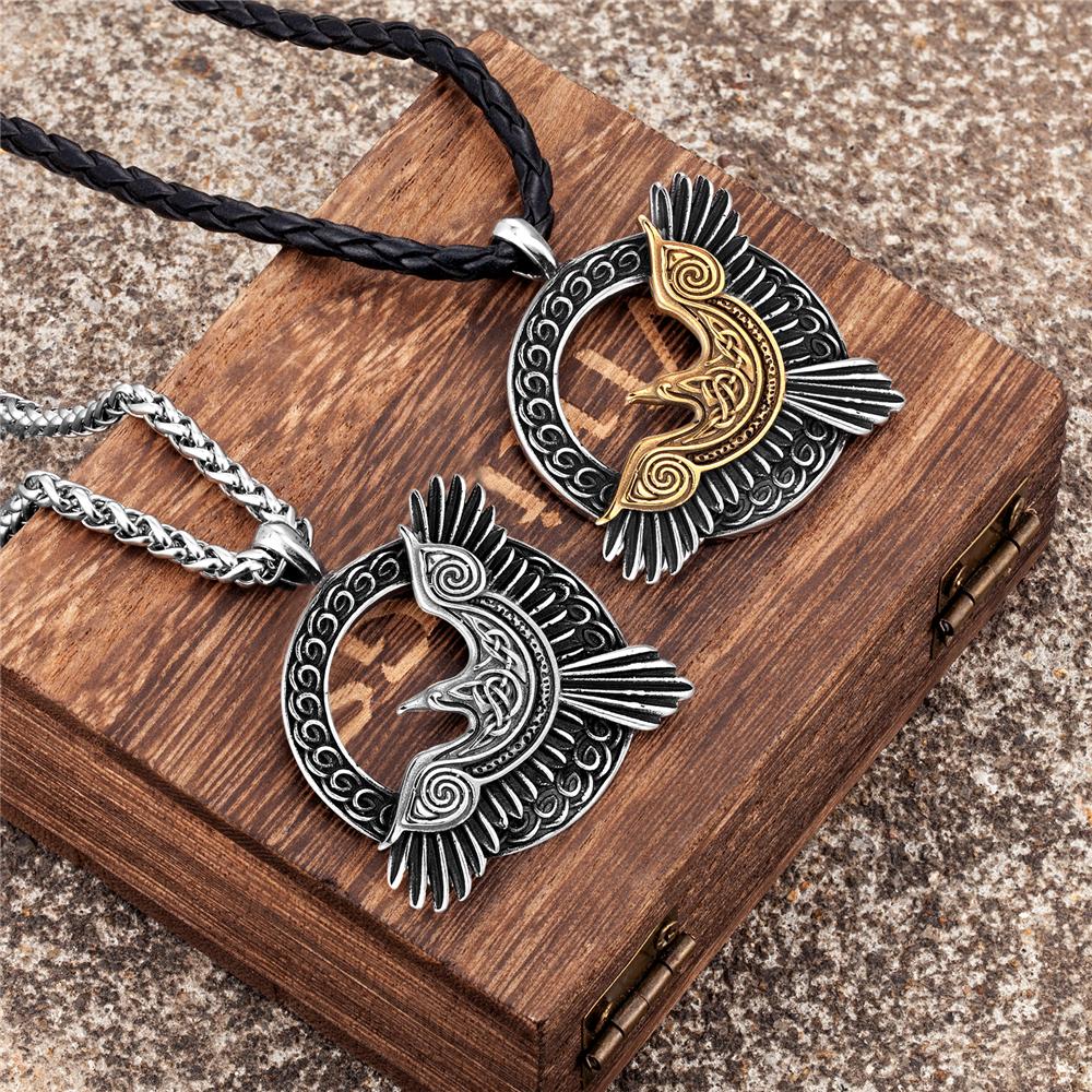Stainless Steel Norse Mythology Eagle Necklace Men Vikings Raven Never Fade Gold Color Vegvisir Slavic Runes Amulet Pendant Gift