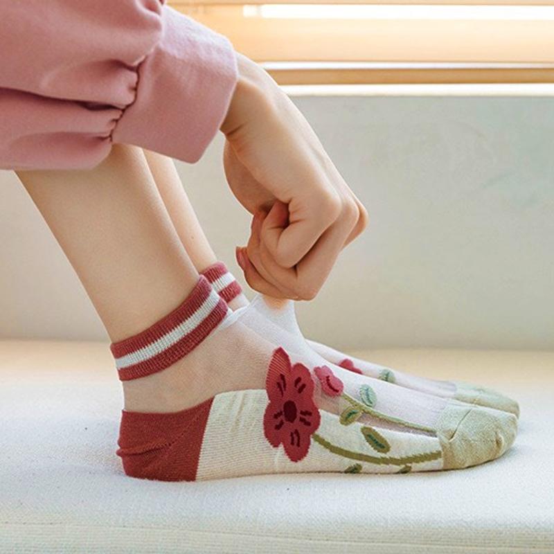 5 Pairs Women Socks Harajuku Summer Cartoon Lace Ankle Sock Casual Socks Transparent Elastic School Girl Short Socks