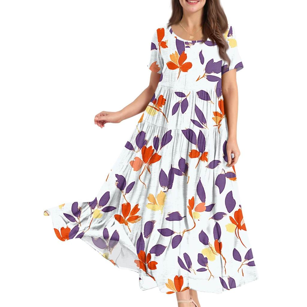 Damen Sommer Rundhals Kurzarm Geblümtes Boho Lockeres Kleid