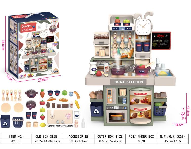 Barnas 42 cm simulerte lyd- og lysvannutløpsspray kjøkken matlagingsservise sett lekehus matlagingsleker