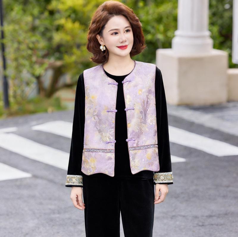 

Gold Velvet Suit for Middle-aged Women - Spring/Autumn Noble Lady Three-Piece Set with Chinese Style Printed Vest. 3XL (Suitable for 120-135 jin)
