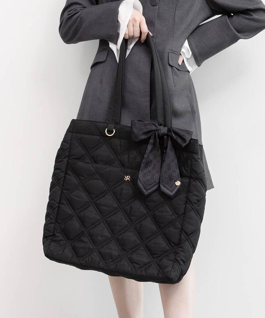 [A4 Compatible] 2-way Ribbon Quilted Tote Bag FB36191 BLACK