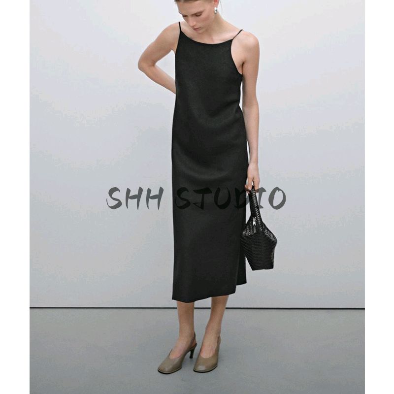 MD Spring/Summer New Arrival Elegant Elegance Minimalist Linen Mid-Length Sling Dress Black Dress 6631586