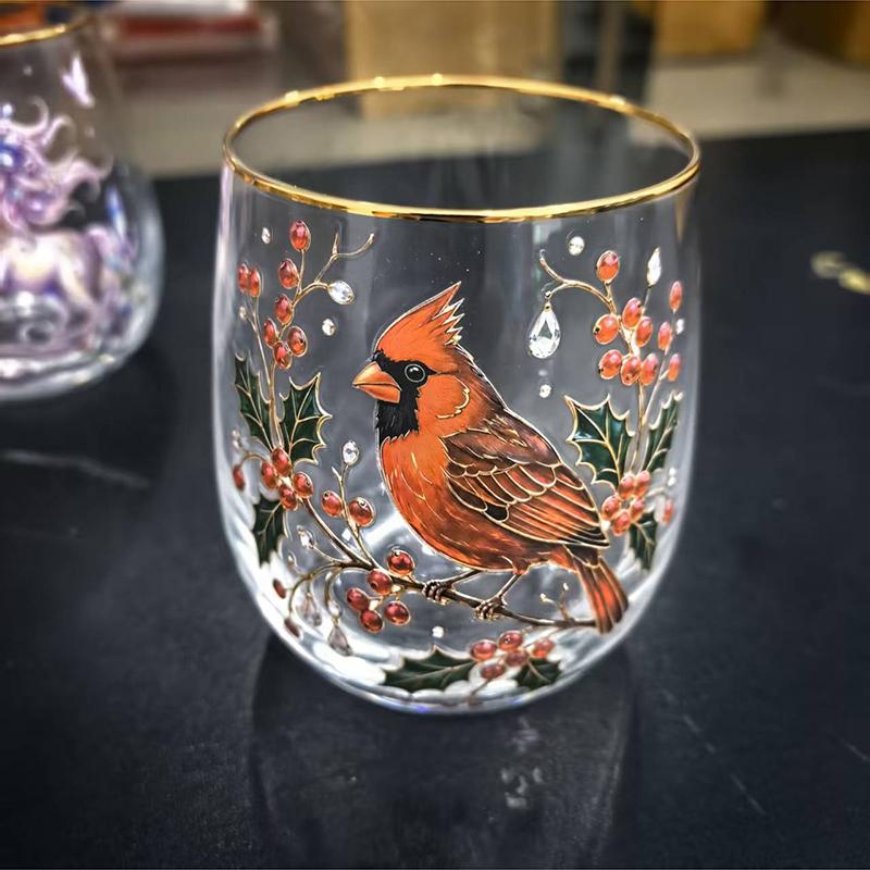 Vintage Painted Animal & Floral Gold Rim Glass Tumbler, Egg-shaped Lead-Free Glass Cup, Creative Gift Cup for Whiskey, Juice and Water