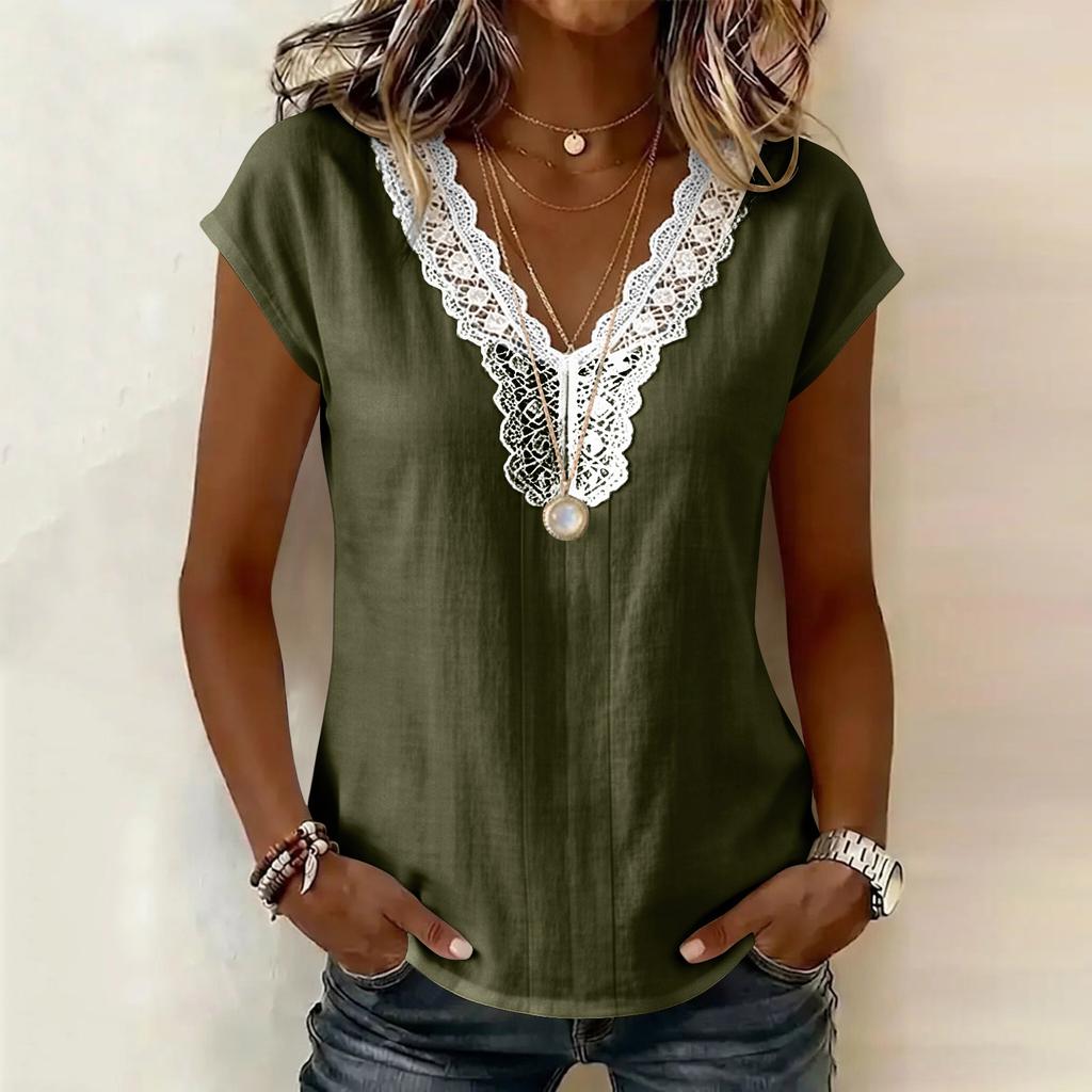 Women Casual Pullover Top V Neck Lace Trim Stitching Short Sleeve Blouse Lightweight Loose Fit Shirt for Everyday Wear