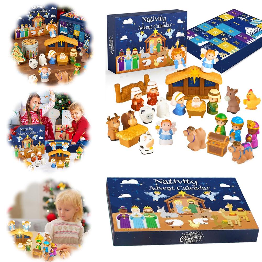 Krippenset Adventskalender 2025, Krippenset Figuren für Kinder Weihnachts-Countdown-Kalender mit 25 Überraschungen Tischszene Figur