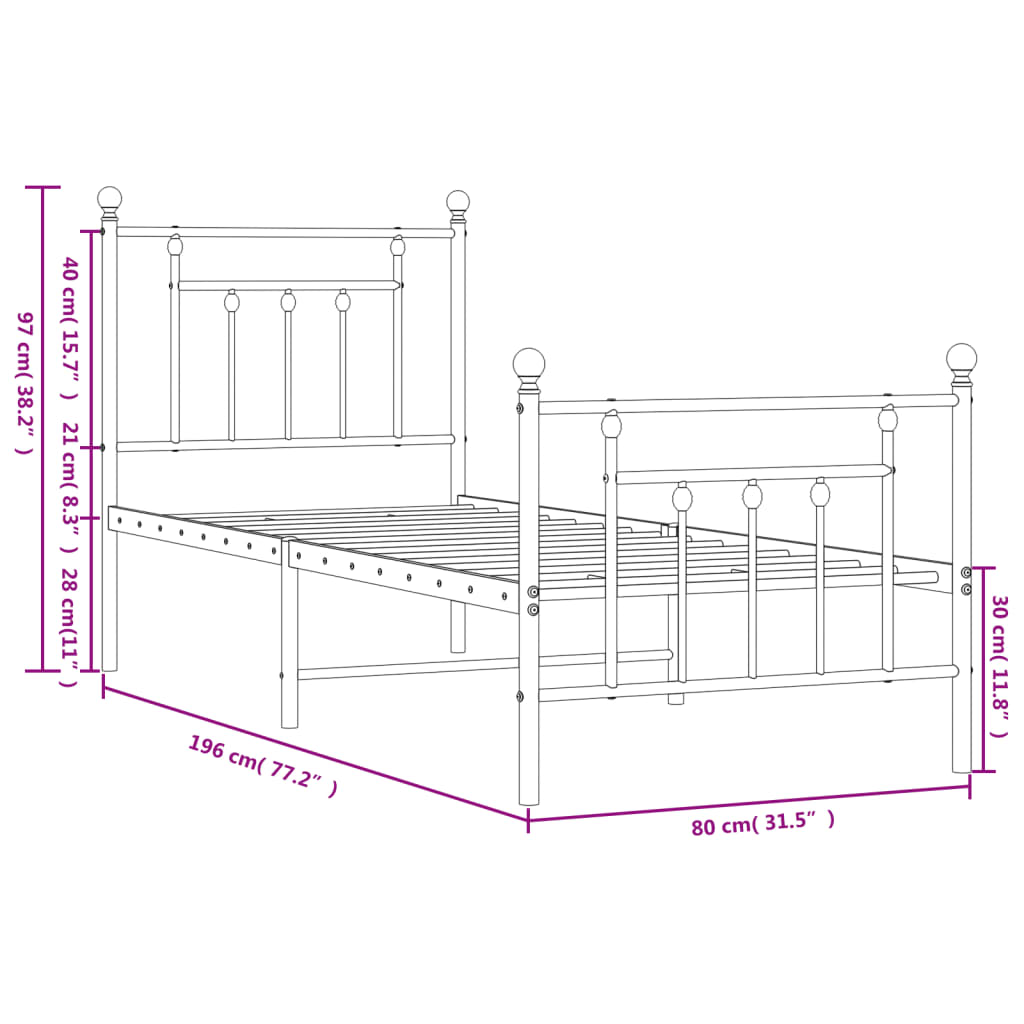Metal Bed Frame with Headboard and Footboard Black 75 x 190 cm