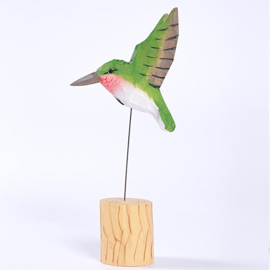 Wood Carving Hummingbird Ornament with Tree Stump/Bell Handcrafted Bird Figurine Statue Sculpture