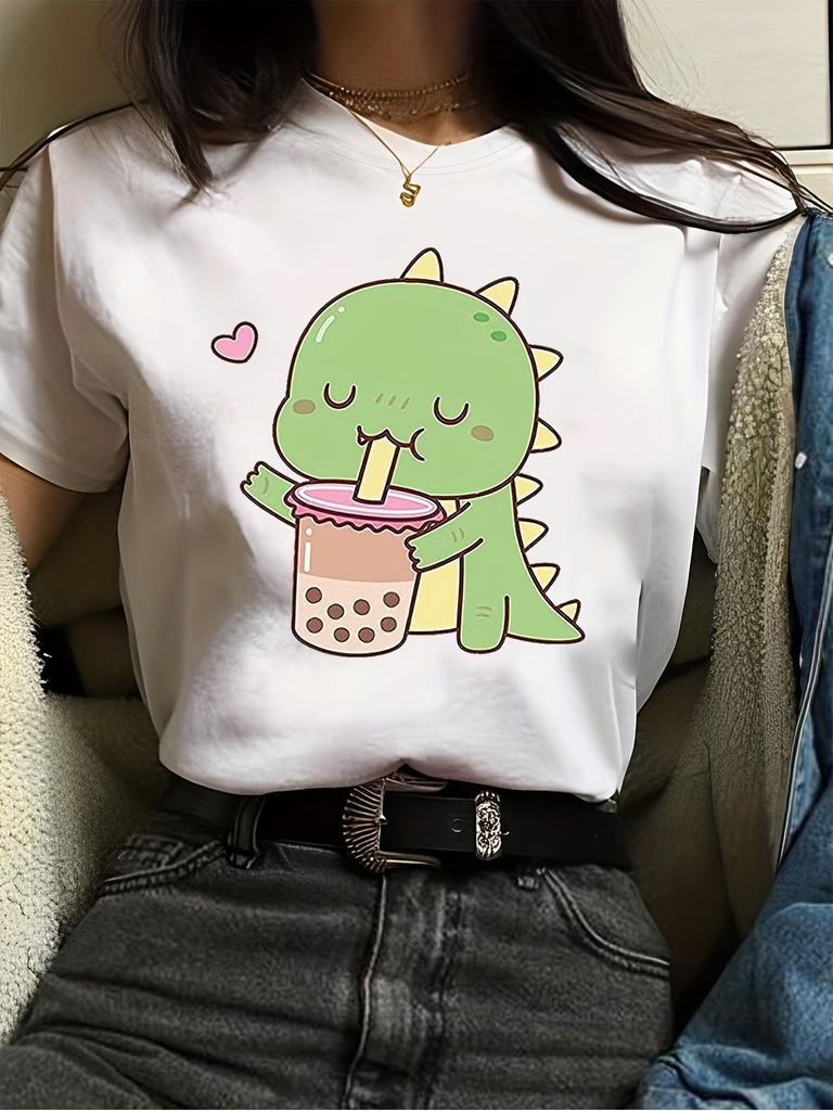 Cute Little Dinosaur Print Crew Neck Short Sleeve Casual Tshirt Womens Clothing Womens Harajuku Short Sleeve Casual Aesthetic