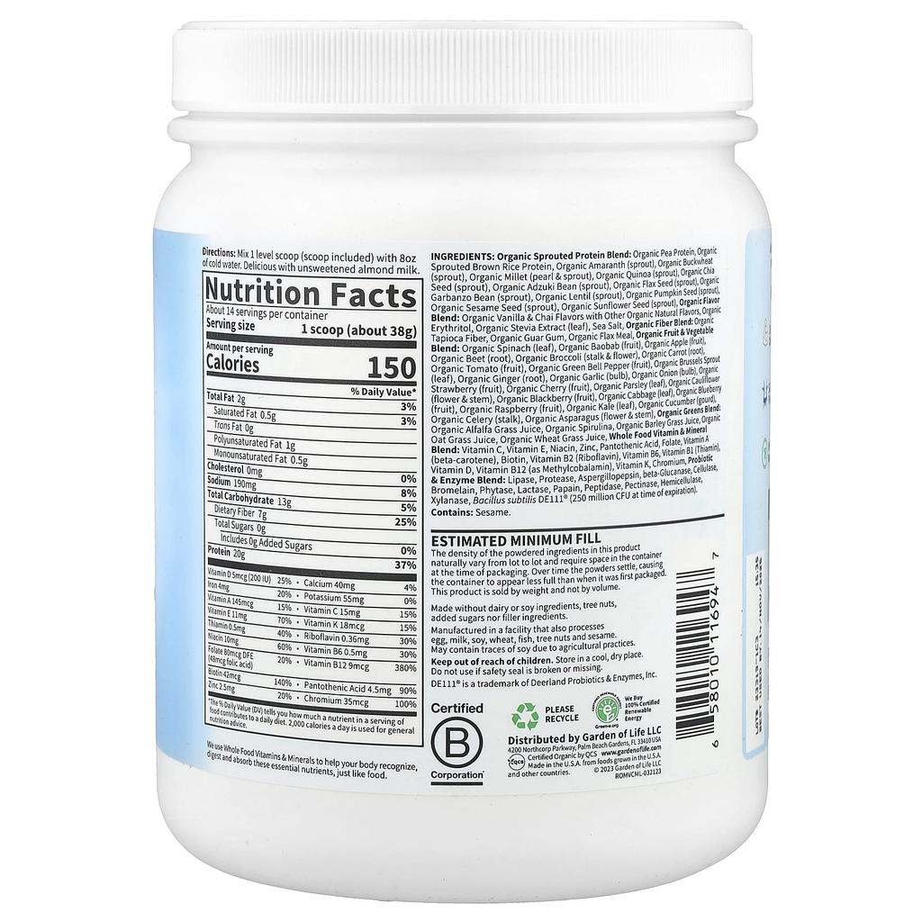 Raw Organic Raw, Meal Replacement Shake, Vanilla Chai, 1Lb 532G(2.76Oz)