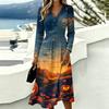 Women's Casual Halloween Print Long Sleeve V-Neck Dress with Pockets