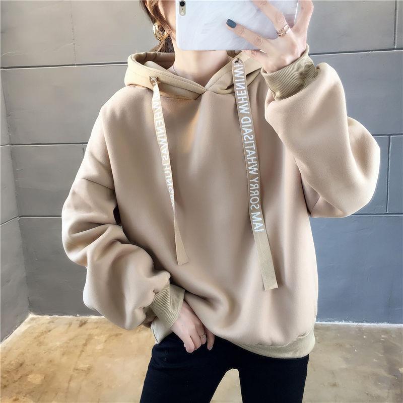 Hooded sweater women's autumn and winter raw loose girlfriends clothes fleece thickened top