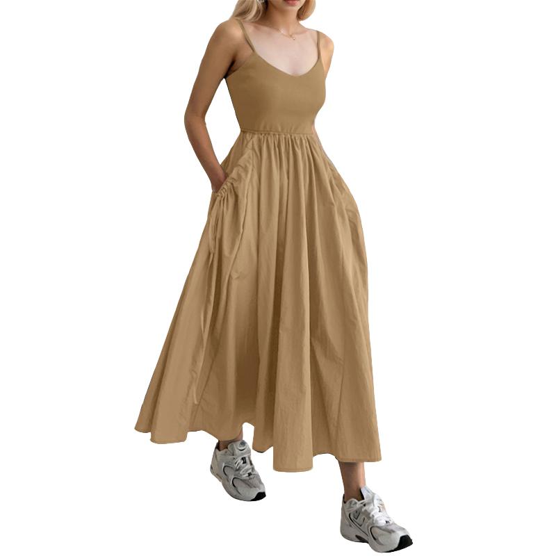 

ZANZEA Women Casual Patchwork Summer Sleeveless Straps Slip Dress 2XL хаки