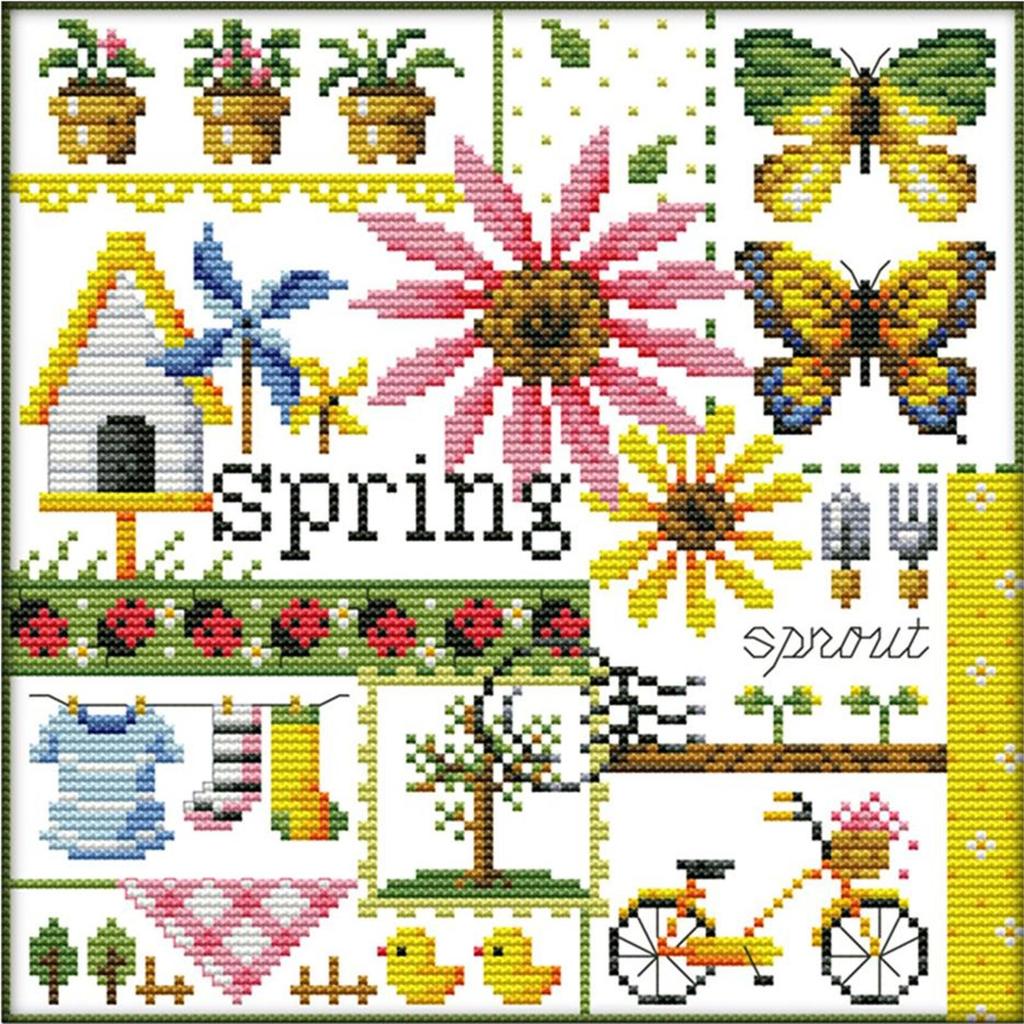 14CT Stamped Artwork DIY Four Seasons Printed Cross Stitch Kits for Home Decor
