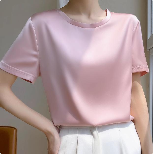 Damen Kurzarm Imitation Seide V-Ausschnitt T-Shirt - Weißes Satin Unterhemd Frühling/Sommer Top