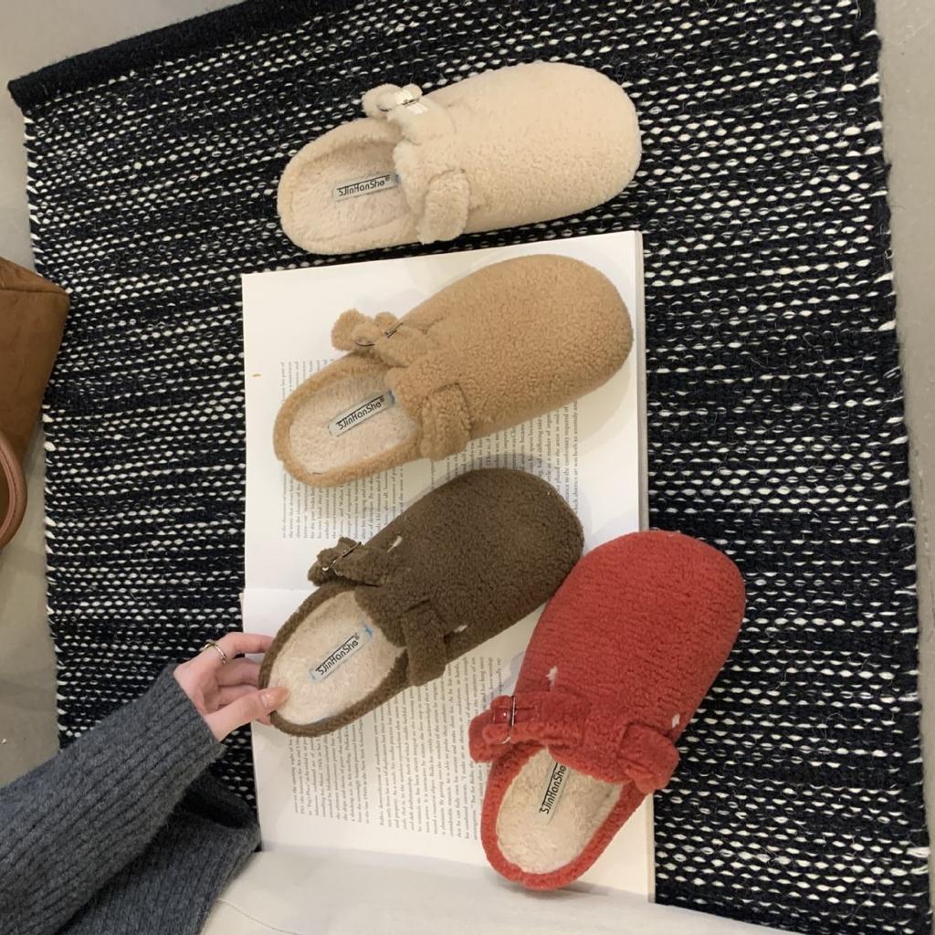 2025 Autumn and Winter New Round Head Lamb Wool Belt Buckle Thick Bottom Bag Head Lazy Wearing Women's Slippers