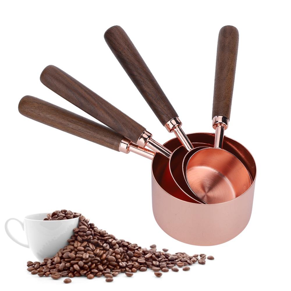 4PC Set Wooden Handle Measuring Cup Set Rose Gold Finish Kitchen Measuring Tools Kitchen Use