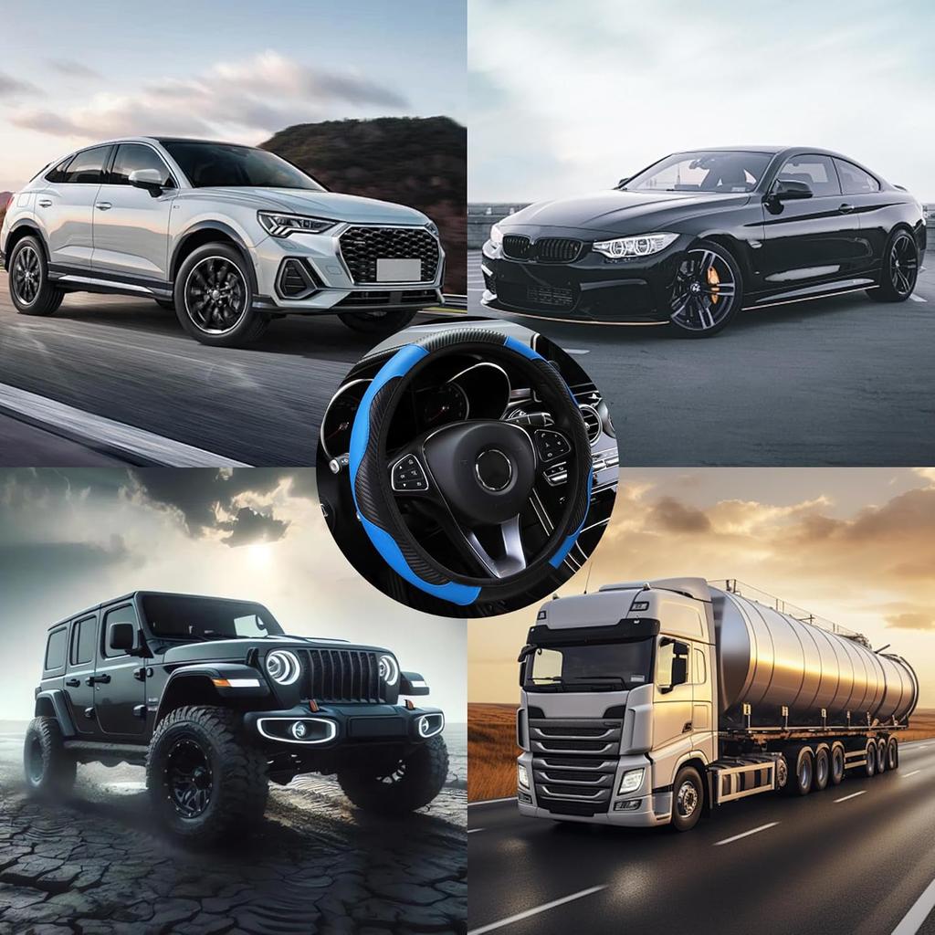 Car Steering Wheel Cover, 15 Inch Carbon Fiber Microfiber PU Leather Elastic Steering Wheel Protector For Men Women, Anti-Slip Breathable Car