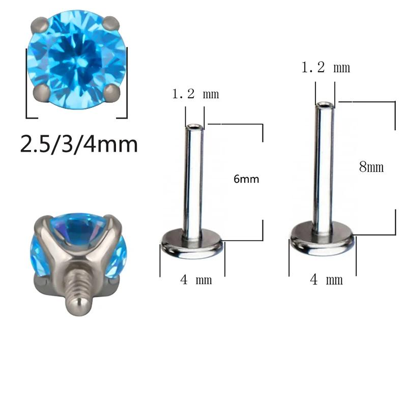ASTM F136 Titanium PIERC Ear Lip Studs with circular CZ Top Labret Nose Stud Threaded Earrings Multi size Body Piercing Jewelry