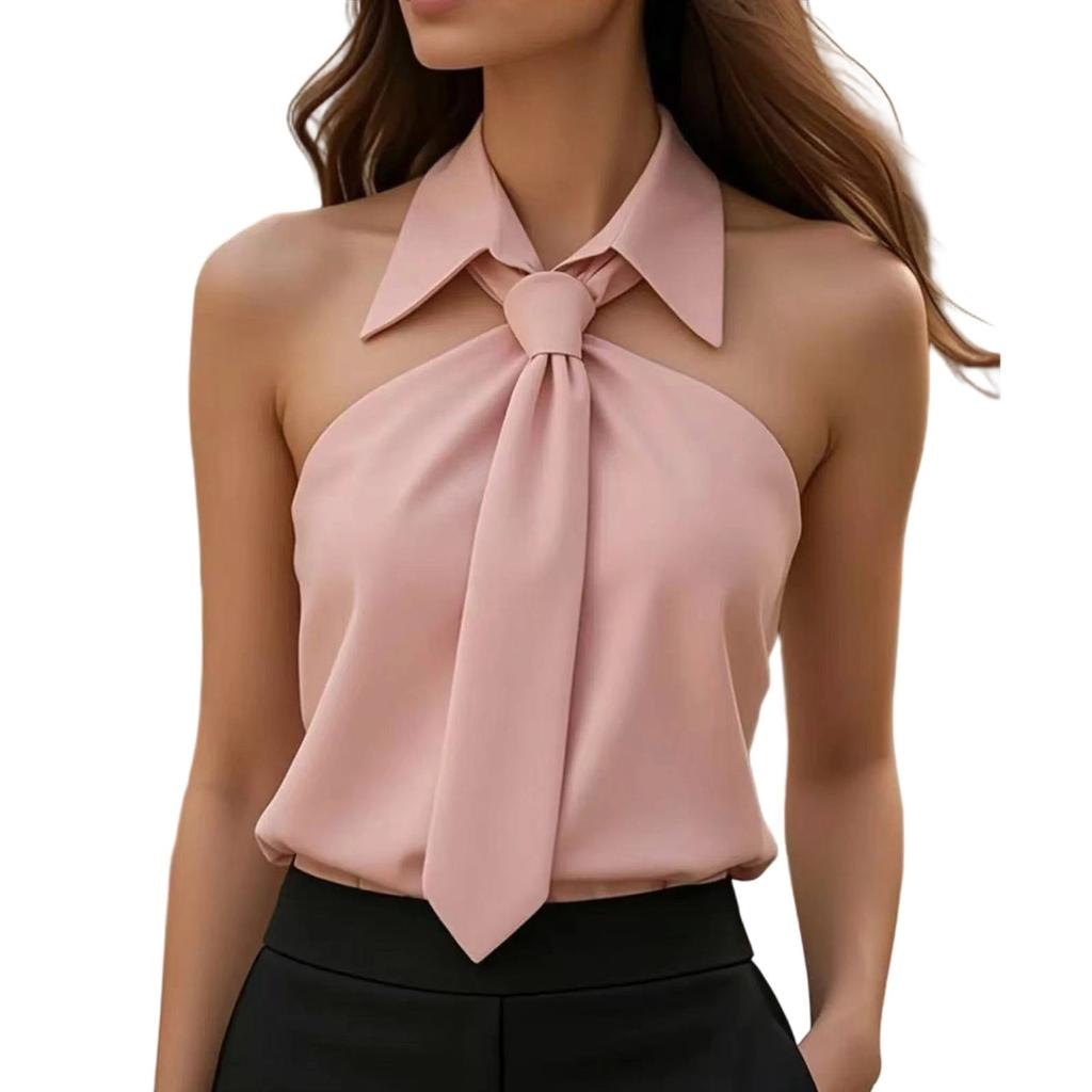 Women Turn-Down Collar Sleeveless Shirt Summer Solid Fashion Tank Casual Beach Vacation Tops