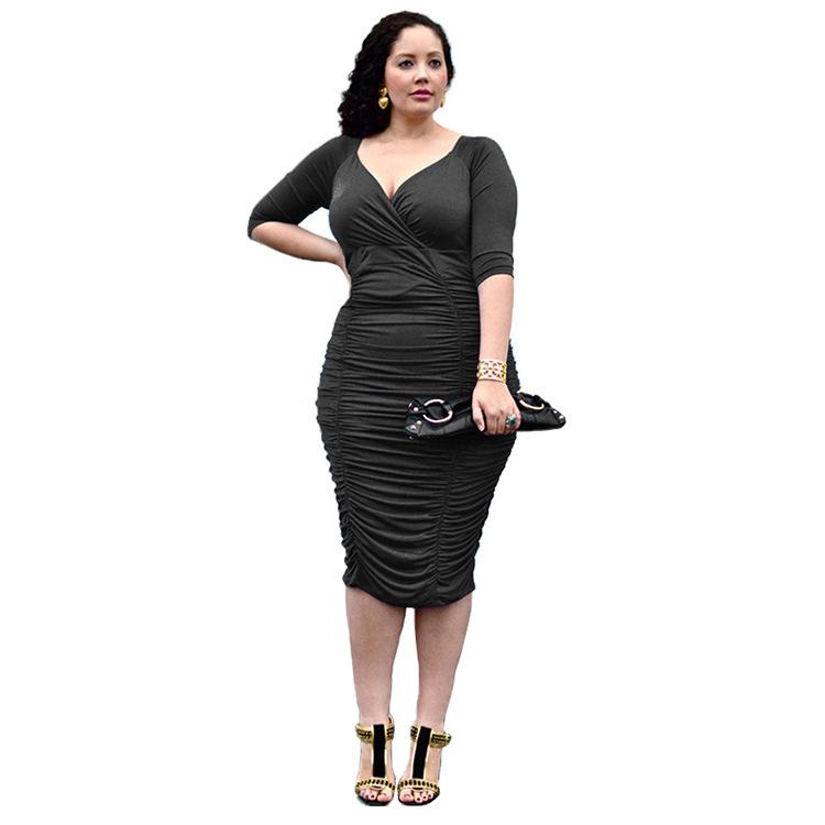 

Платье большого размера с V-образным вырезом и плиссировкой для женщин - Европейский и американский стиль, ранняя осень 2025 3XL чёрный