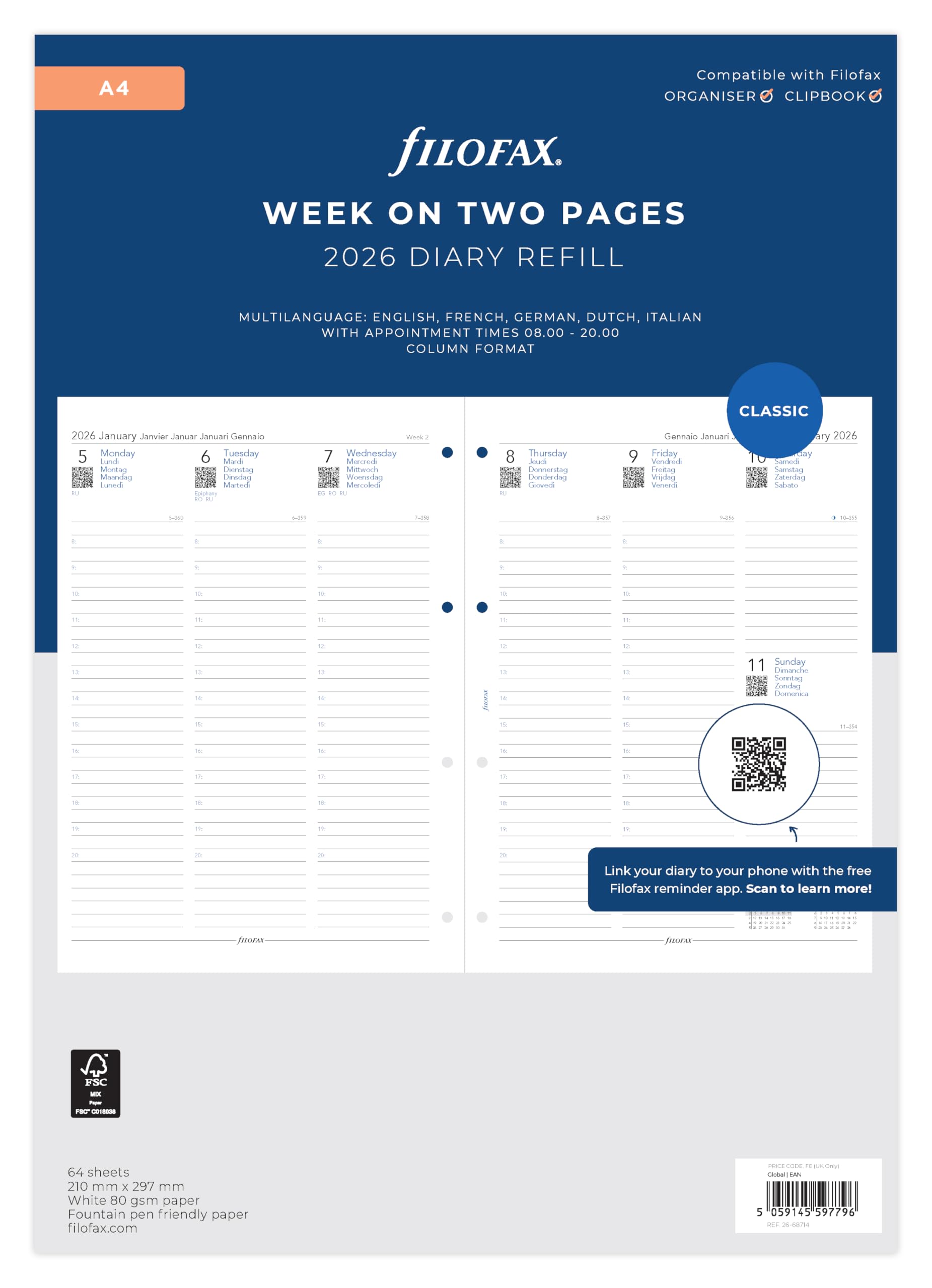 

Filofax 2026 System Planner Refill, A4 Weekly, White, January Start, 2026, 26-68714, Officially Imported