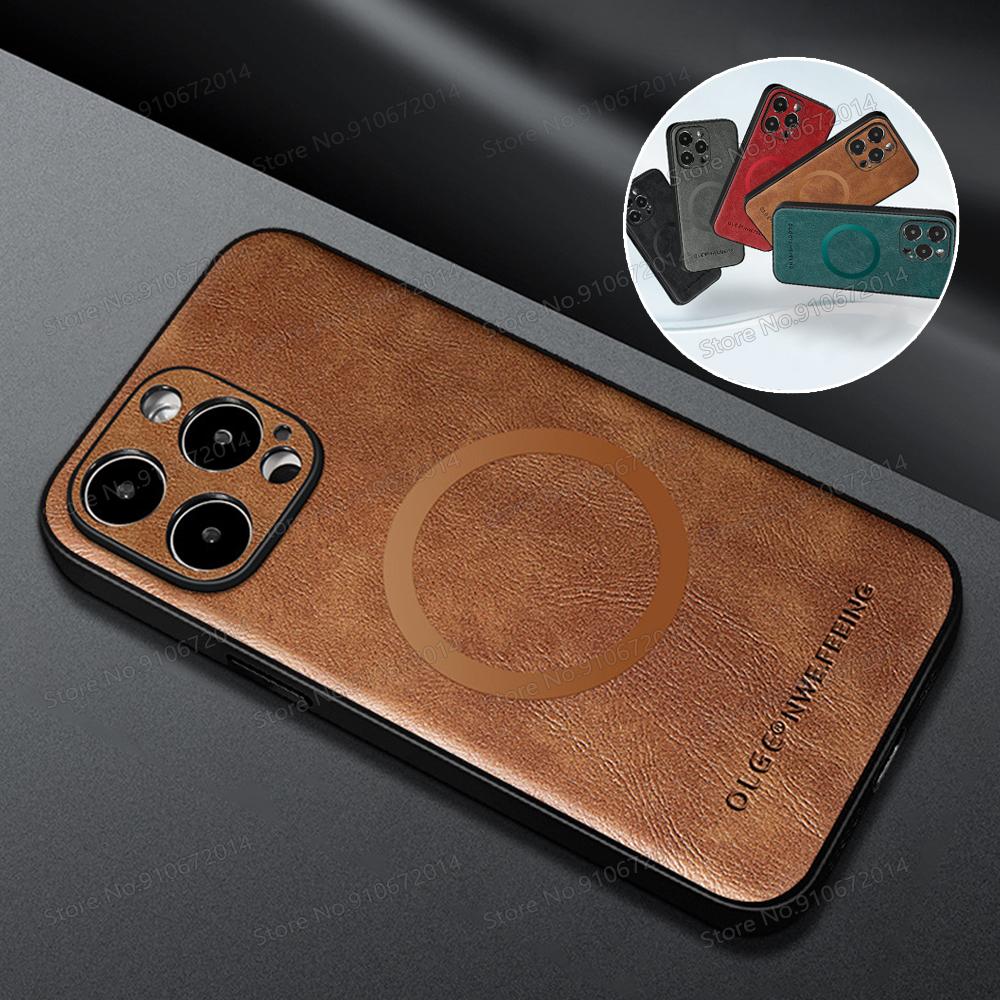 Kožené pouzdro pro MagSafe pro iPhone 16 Pro Magnetické bezdrátové nabíjení Pouzdro na telefon pro iPhone 13 15 14 Plus 11 12 Pro Max 16e Kryt