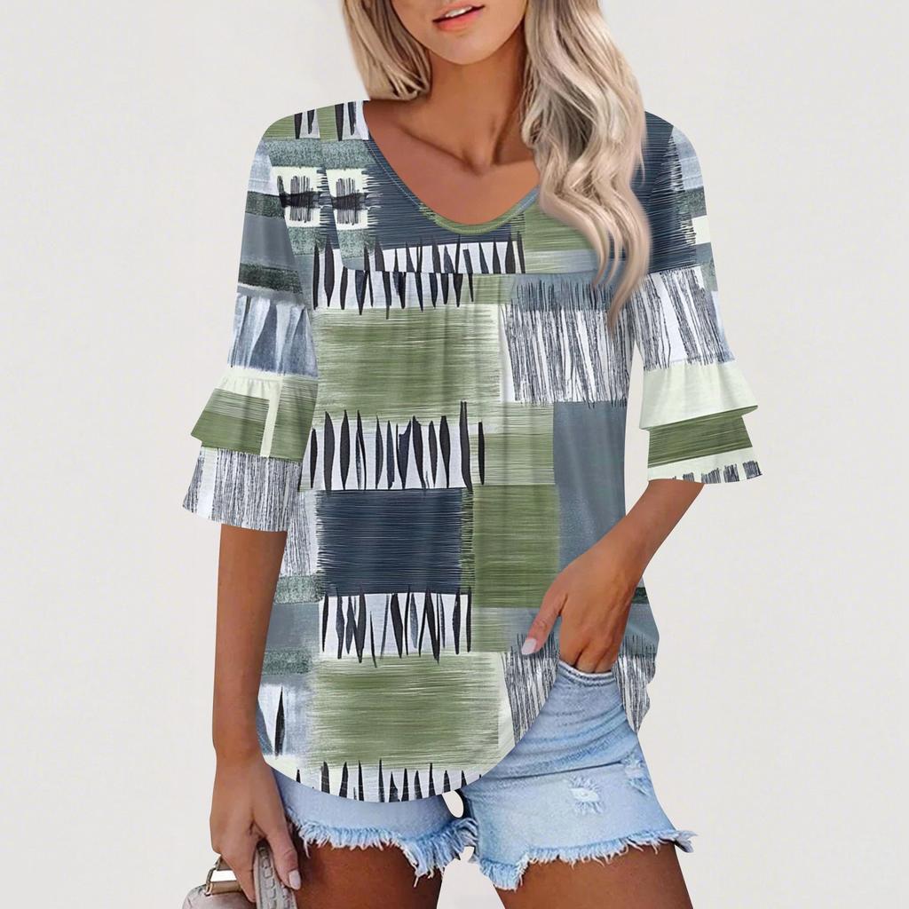 3/4 Length Sleeve Womens Tops Dressy Casual Blouses Bell Ruffle Sleeve Loose Fit Tunic Tops V Neck T Shirts