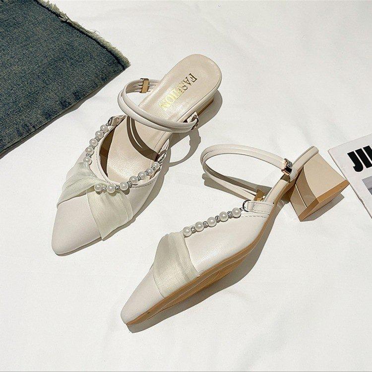 Summer evening breeze low-heeled sandals French beautiful bag head new summer wear semi-drag pointed single shoes