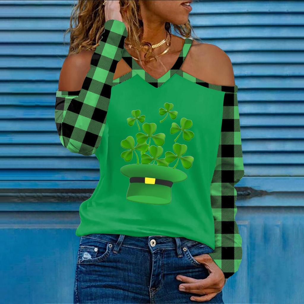 Mode féminine décontractée col en V St. Haut t-shirt à manches longues et épaules dénudées imprimé Saint-Patrick