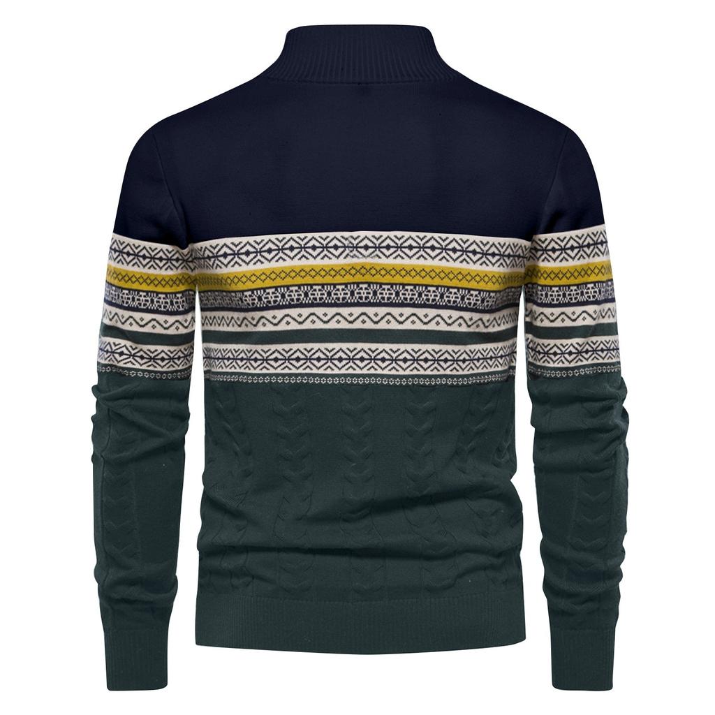 Men's Winter Print Stand Collar Half Zipper Slim Fit Knit Long Sleeve Top