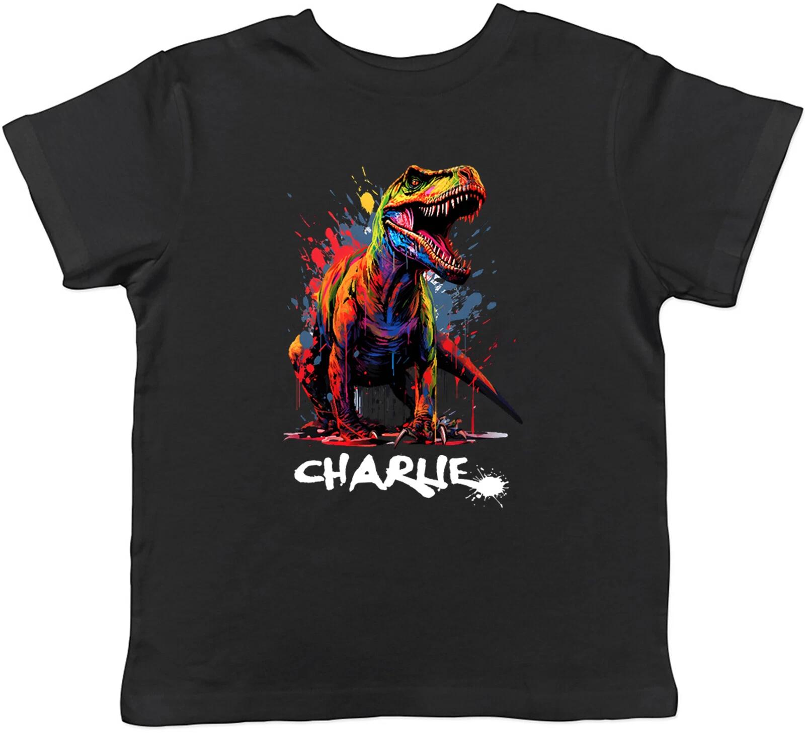 Personalised Any Name T-Rex Dinosaur Kids T-Shirt Brush Paint Splatter Children 150