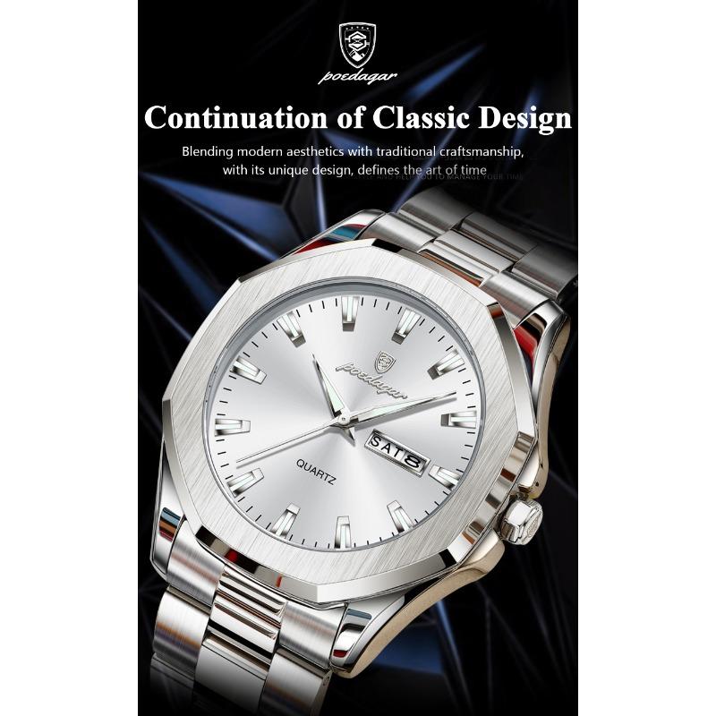 POEDAGAR Luxury Men Wristwatch Waterproof Luminous Week Date Casual Clock Stainless Steel Quartz Fashion Watches Reloj