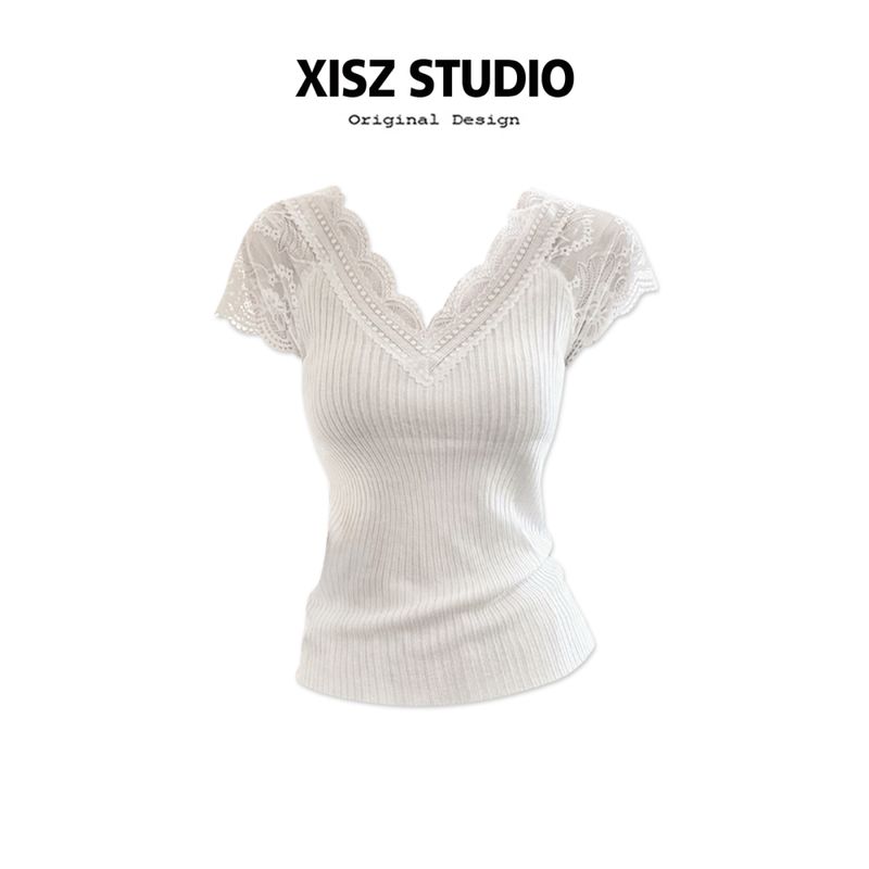 Lace Stitching V-neck Lace Short sleeve knit T-shirt Women Summer Pure Desire Temperament Stretch Slim fit Inner wear White Top Lace Knit Sweater [High Quality] S