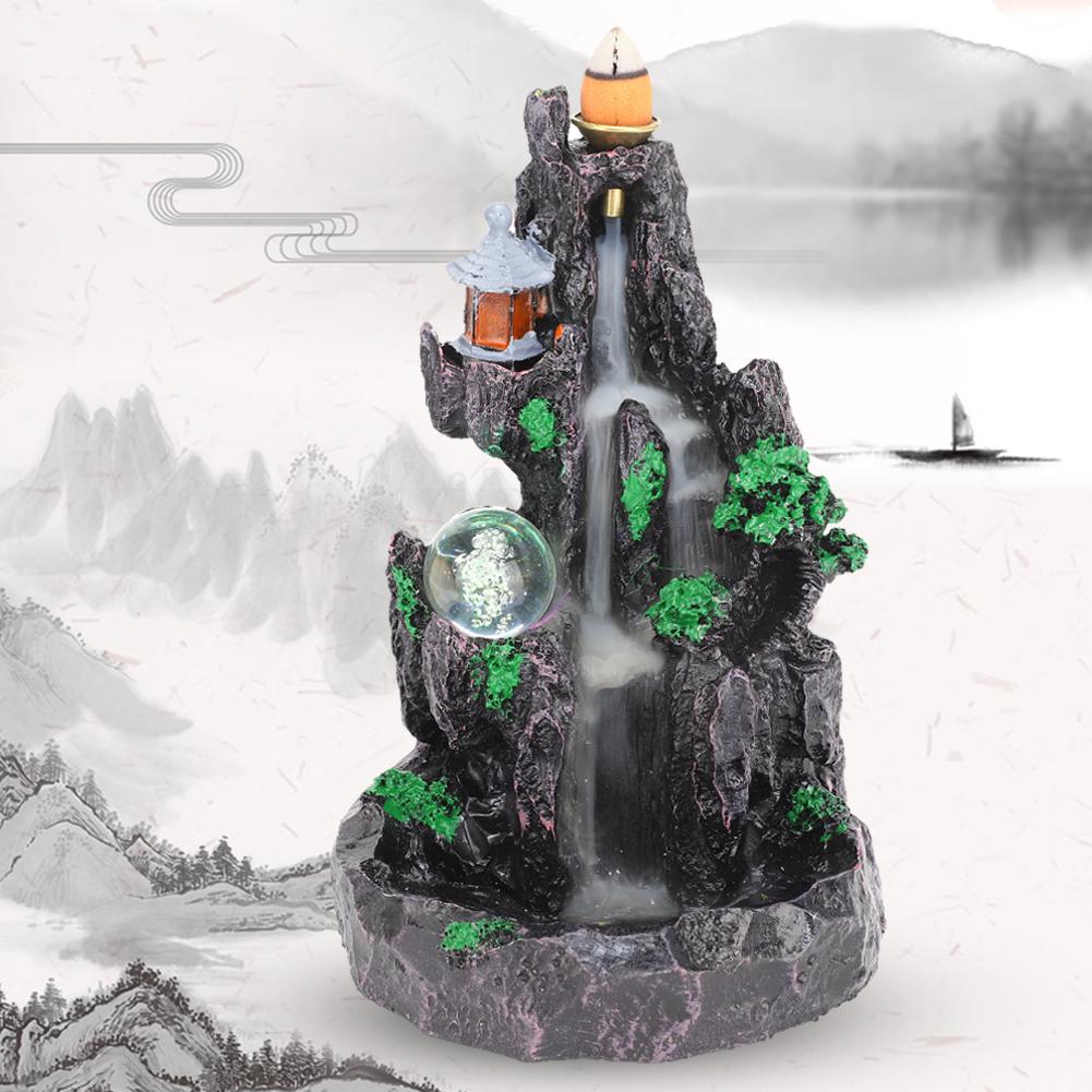 Unique Mountain Water Backflow Incense Burner Holder Home Resin Ornament Craft with LED Ball