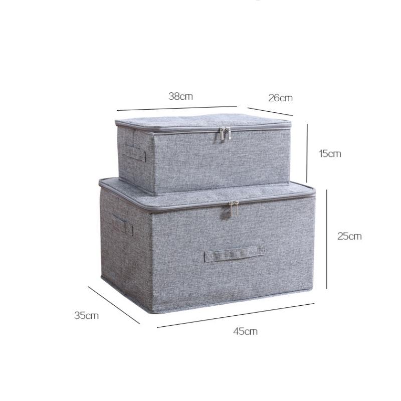 Cotton Linen Storage Box with PP Padded Bottom Foldable Zippers Storage Bag Organizer Case for Seasonal Duvets Clothes Bedding