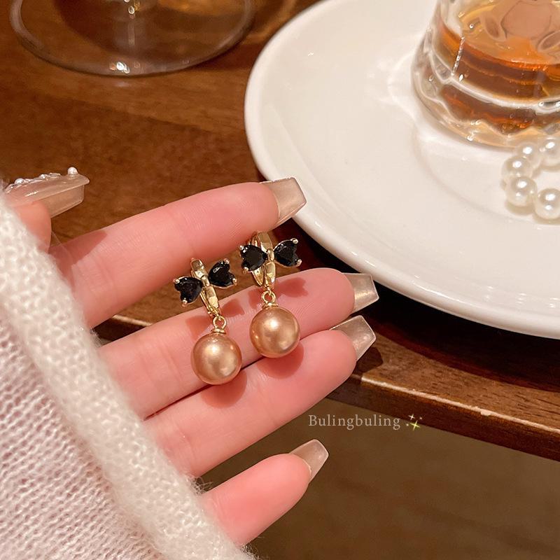 Elegant Black Rhinestone and Pearl Bow Earrings - Hong Kong Style Retro Design
