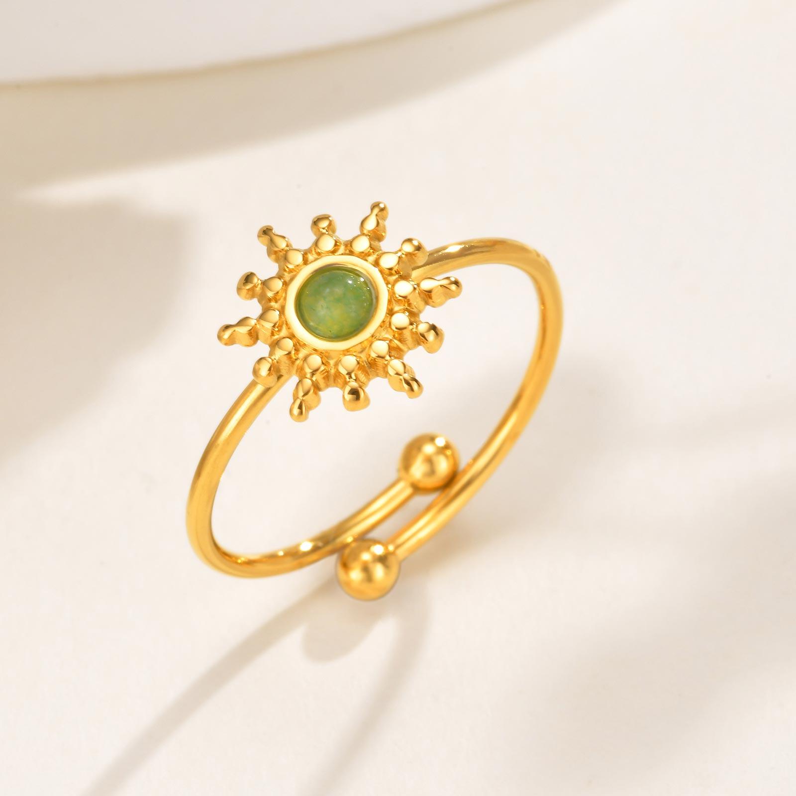 

Waterproof Sun Shaped Nature Opal Stone Ring for Women, Stainless Steel Gold Plated Adjustable Finger Ring, Vintage Chic Jewelry