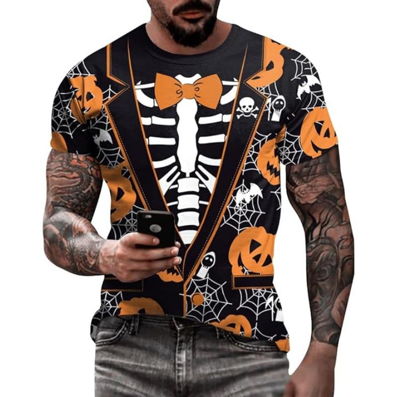 Men's Halloween T-shirt 3D Skull Print Short Sleeved T-shirt Casual Round Neck Novel Street Fashion Shirt