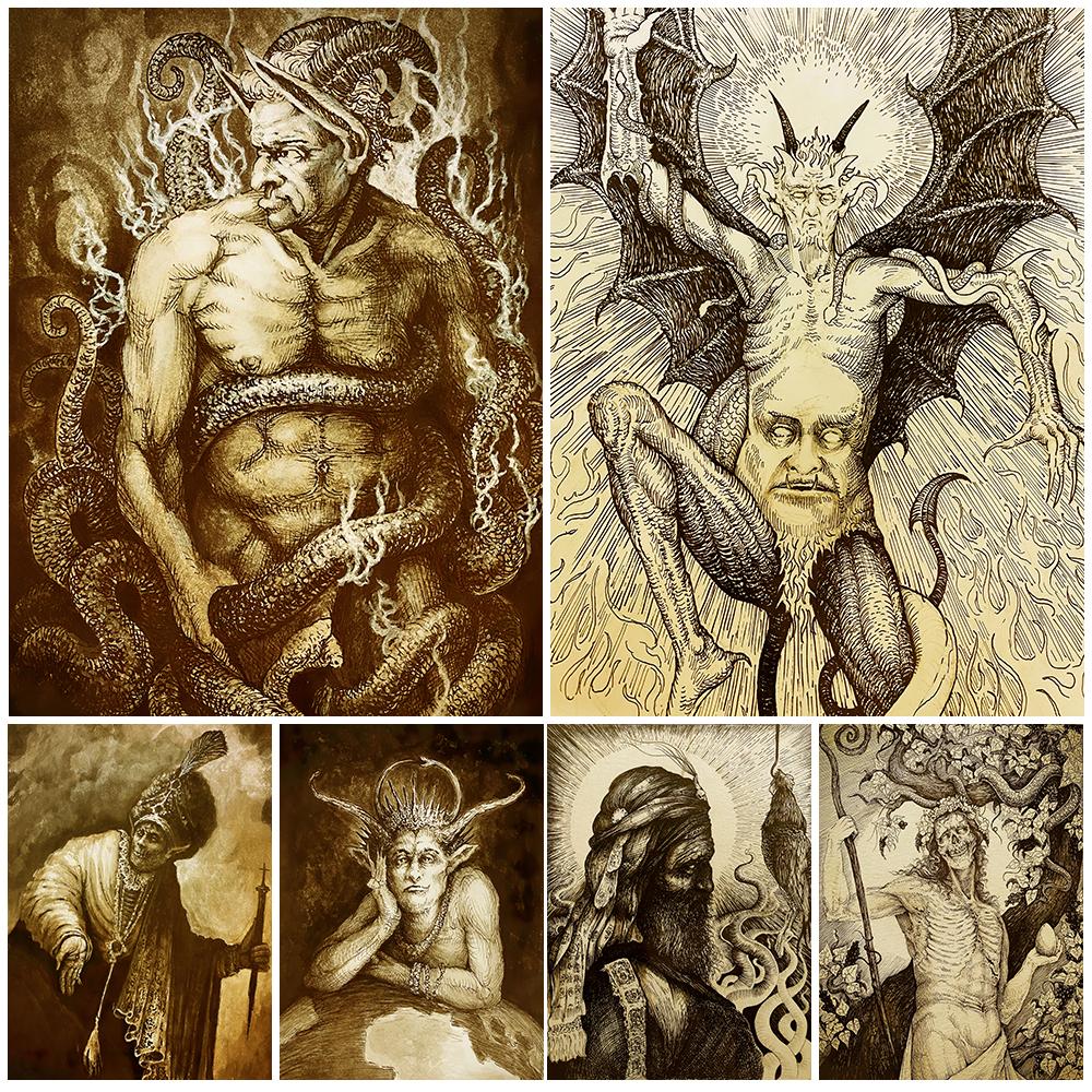 

Маленький дьявол деревянного креста в стиле ретро, ​​настенное искусство, холст «История дьявола»