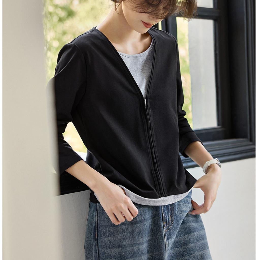 All-match Intellectual Zipper-style Fake Two-piece Contrasting Long-sleeved T-shirt Autumn Two-piece Long-sleeved T-shirt