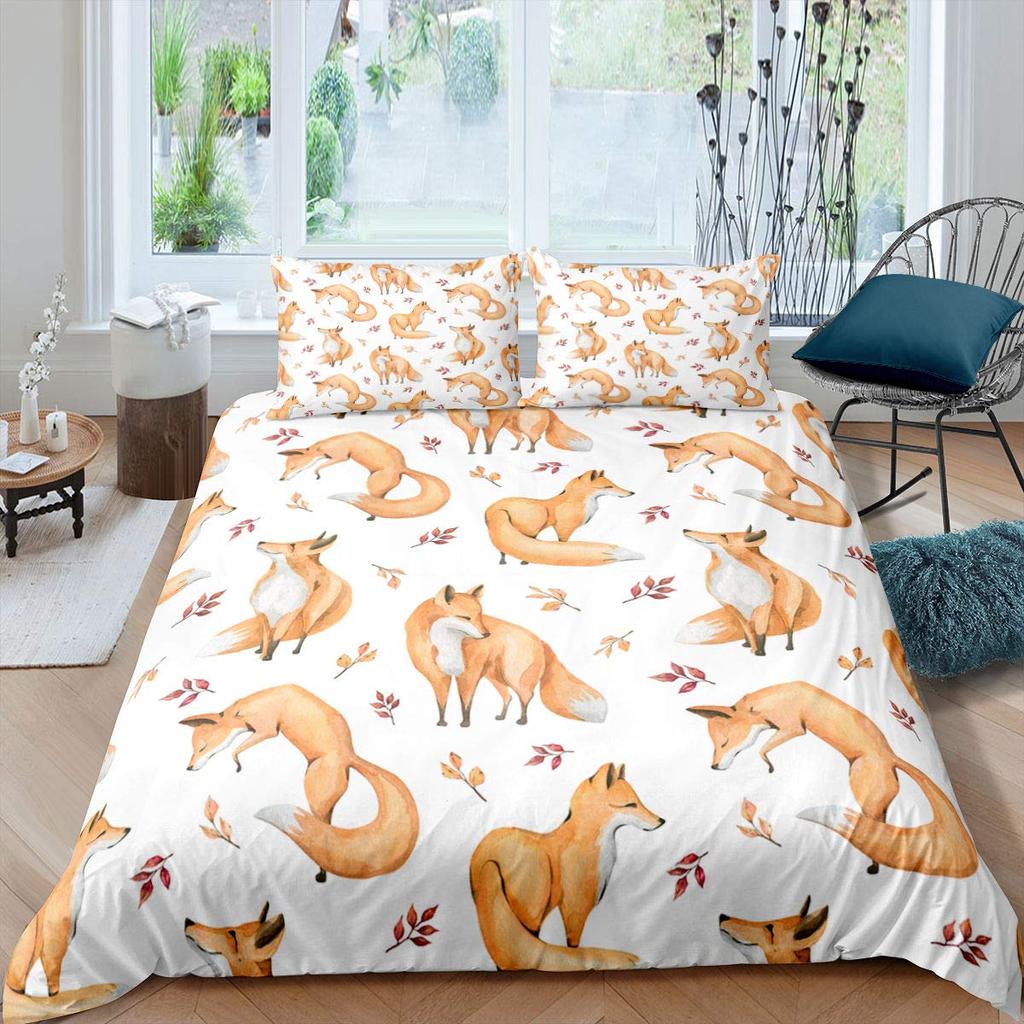 Comforter Fox Girls Cartoon Fox Bedding Set Lovely Animal Theme Comforter For Kids Teens King